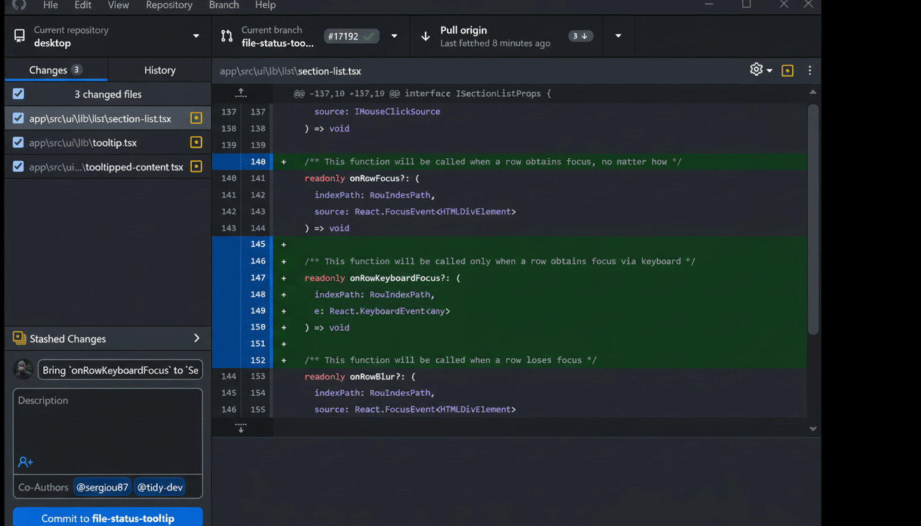 A screenshot of a code editor showing a file-status- tooltip branch with changes in `section-list.tsx` highlighted in green.
