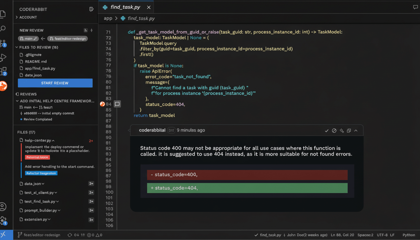 A screenshot of a code editor with a code review interface , showing Python code with a highlighted suggestion to change a status code from 400 to 404 for a  task not found error .