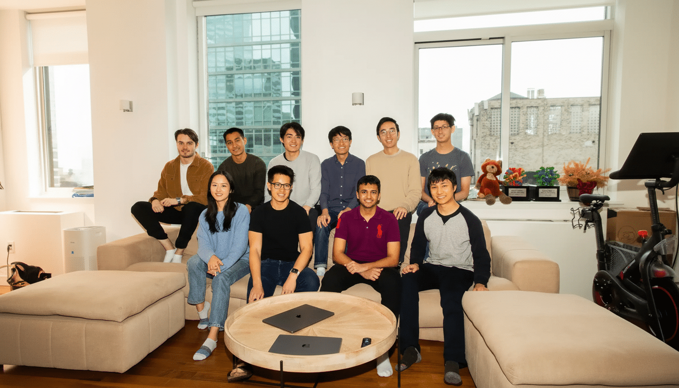 A group of eleven young adults, appearing to be a team or startup, smiling and posing in a modern, well -lit living room setting with laptops on a cof