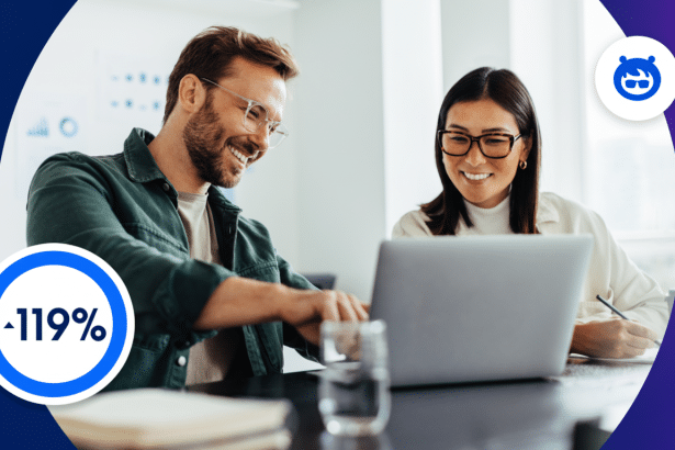 Two smiling colleagues , a man and a woman, working together on a laptop in a modern office setting, with a graphic overlay showing a 1 19% increase and a blue logo .