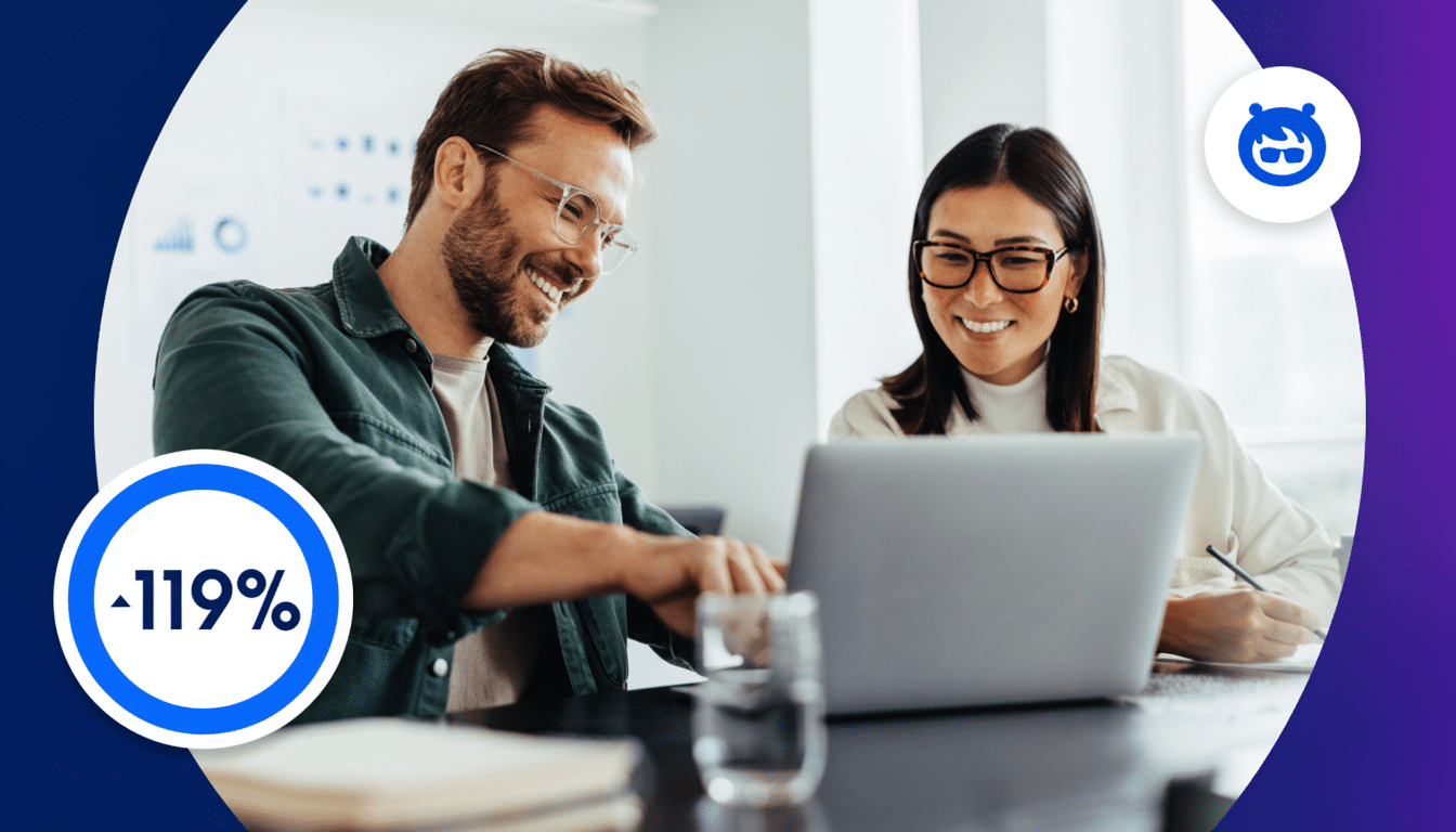Two smiling colleagues , a man and a woman, working together on a laptop in a modern office setting, with a graphic overlay showing a 1 19% increase and a blue logo .