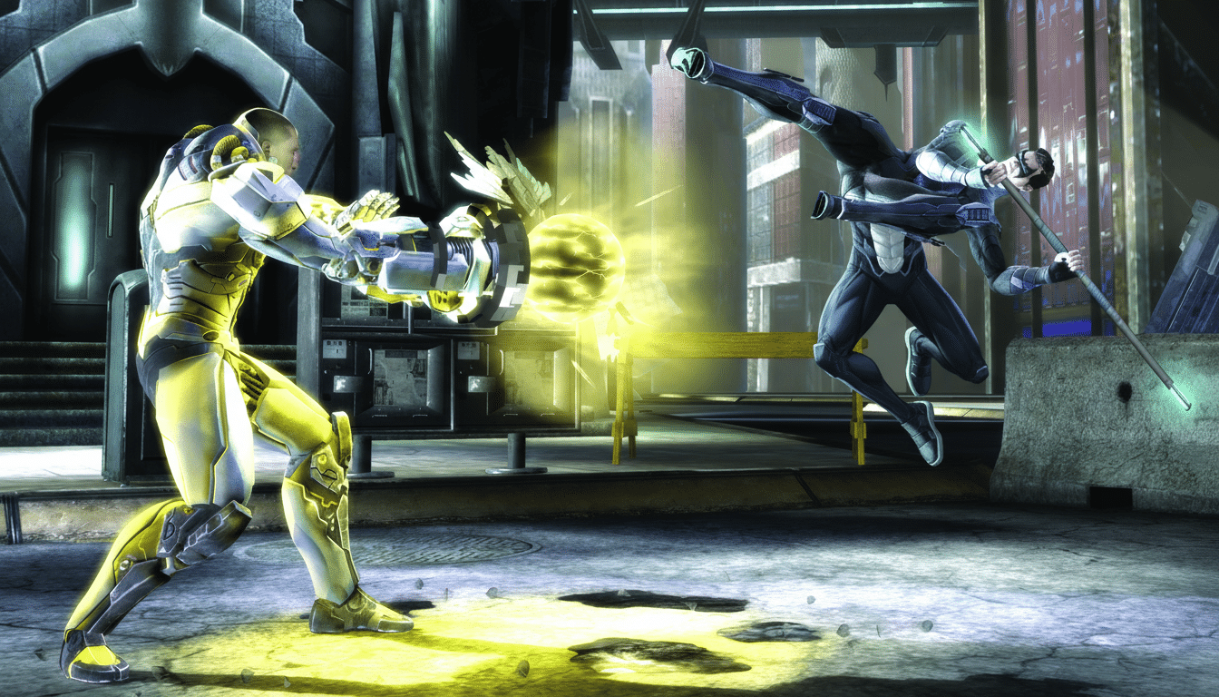 Two armored characters in a combat scene, one in yellow and the other in dark blue , with a bright yellow energy ball between them.
