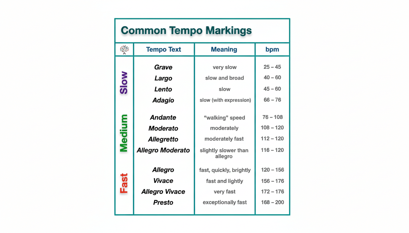 A professional table displaying common music tempo markings, categorized by slow , medium, and fast, with their corresponding tempo text, meaning, and beats per minute (bpm ) ranges, presented on a clean gray background. Filename : commontempo markings table.png