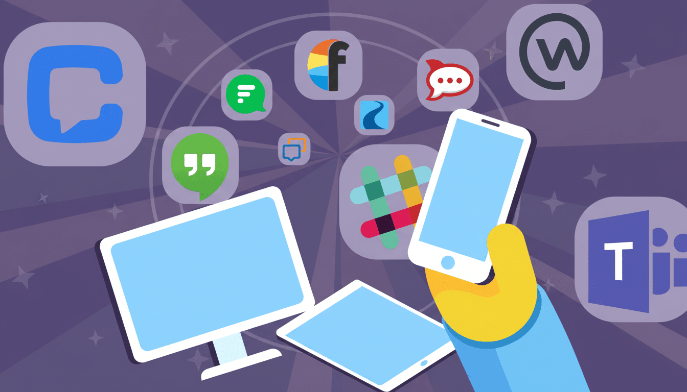 A professional flat design image showing various communication and productivity app icons , including chat bubbles , a computer monitor , a tablet, and a hand holding a smartphone, all against a subtly patterned purple background. Filename : communicationapps flatdesign .png