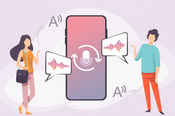 An illustration of two people communicating through a mobile phone with speech -to-text and translation features.