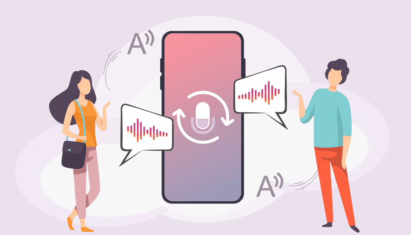 An illustration of two people communicating through a mobile phone with speech -to-text and translation features.