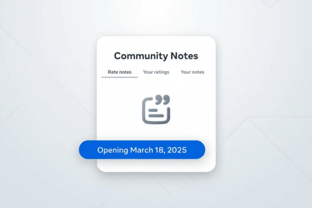 An image showing Community Notes with a notification Opening March 1 8, 2 025. The card is displayed on a professional flat design background with sof