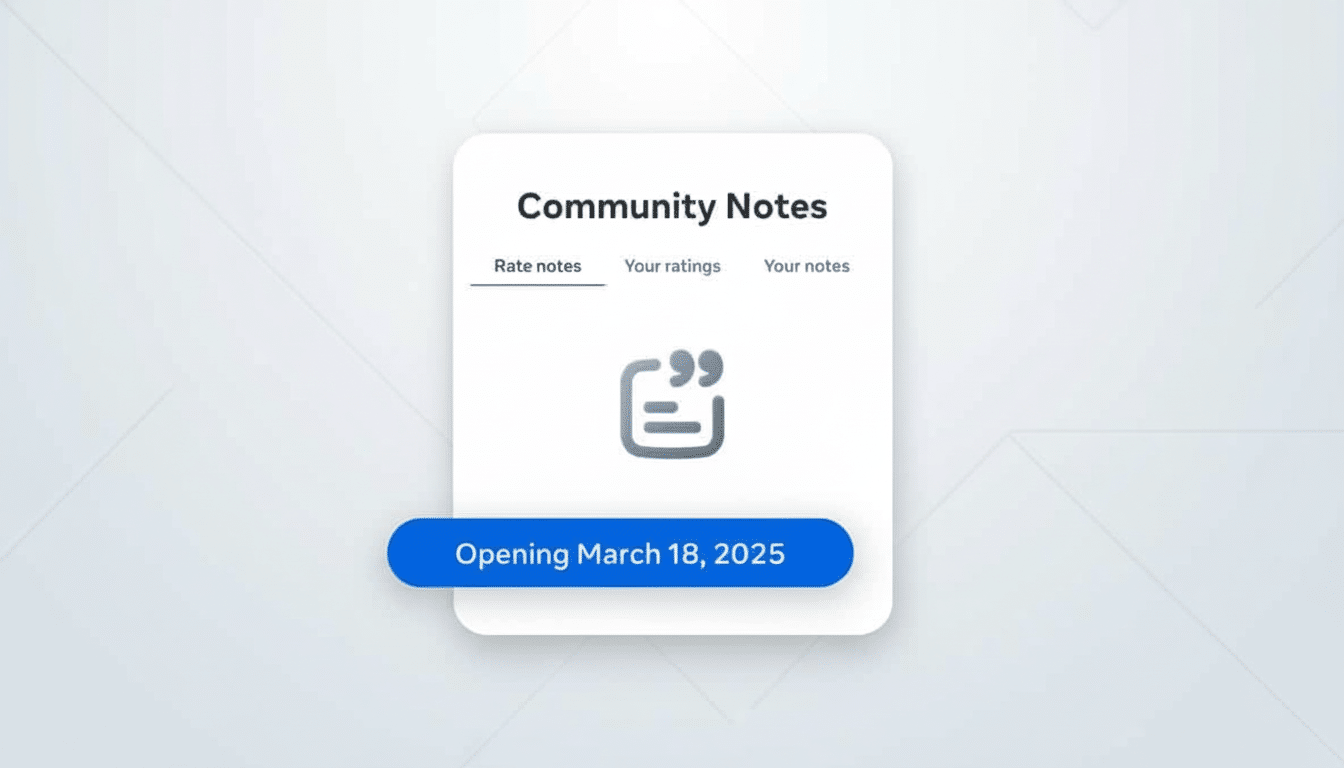 An image showing Community Notes with a notification Opening March 1 8, 2 025. The card is displayed on a professional flat design background with sof