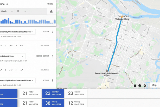 A screenshot of Google Maps Timeline showing a user 's travel history in Savannah, Georgia, with the route between Baymont by Wyndham Savannah Midtown and The Lady and Sons highlighted. The timeline also displays other visited locations and dates from March 21 -23, 201 4. Filename : googlemaps timelinesav annahtrip. png