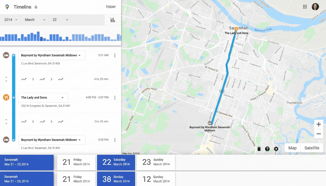 A screenshot of Google Maps Timeline showing a user 's travel history in Savannah, Georgia, with the route between Baymont by Wyndham Savannah Midtown and The Lady and Sons highlighted. The timeline also displays other visited locations and dates from March 21 -23, 201 4. Filename : googlemaps timelinesav annahtrip. png