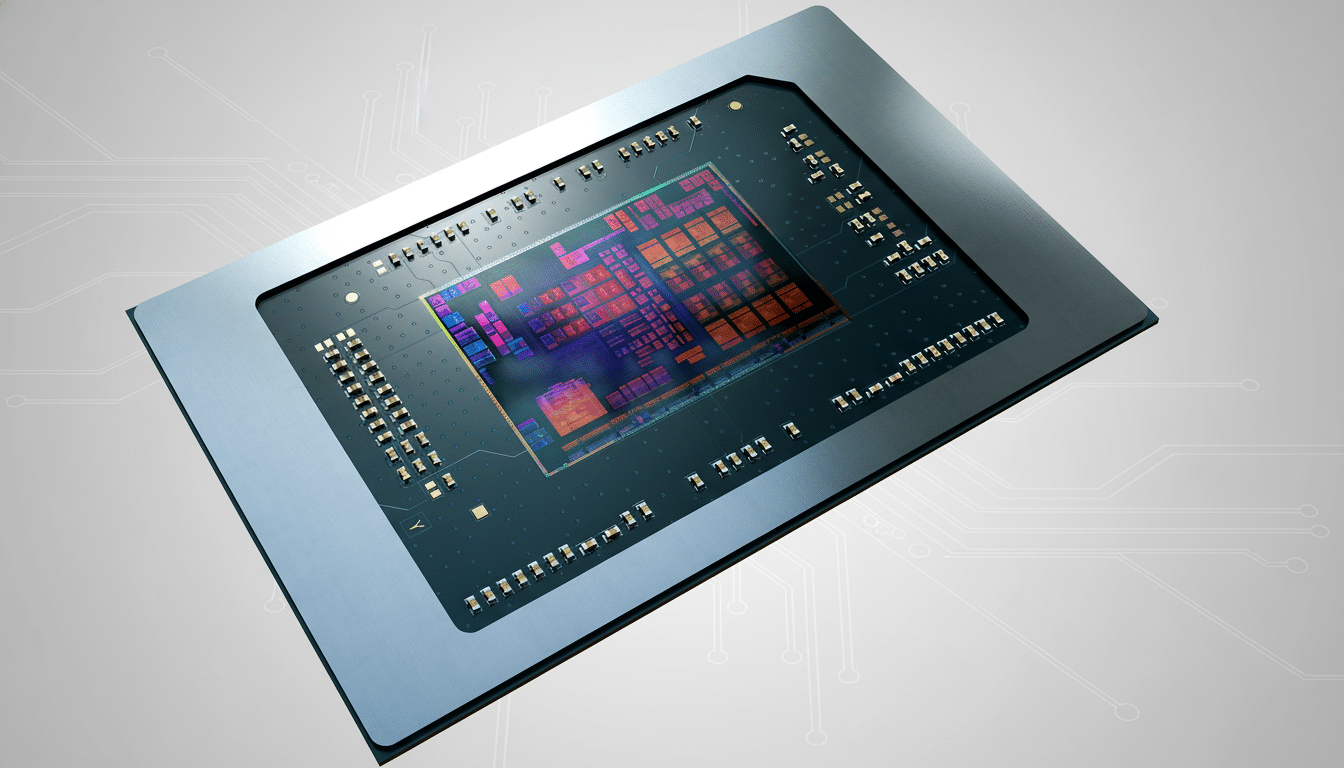 A professional, enhanced image of a computer chip with a visible die showing colorful internal structures, set against a subtle, light gray background