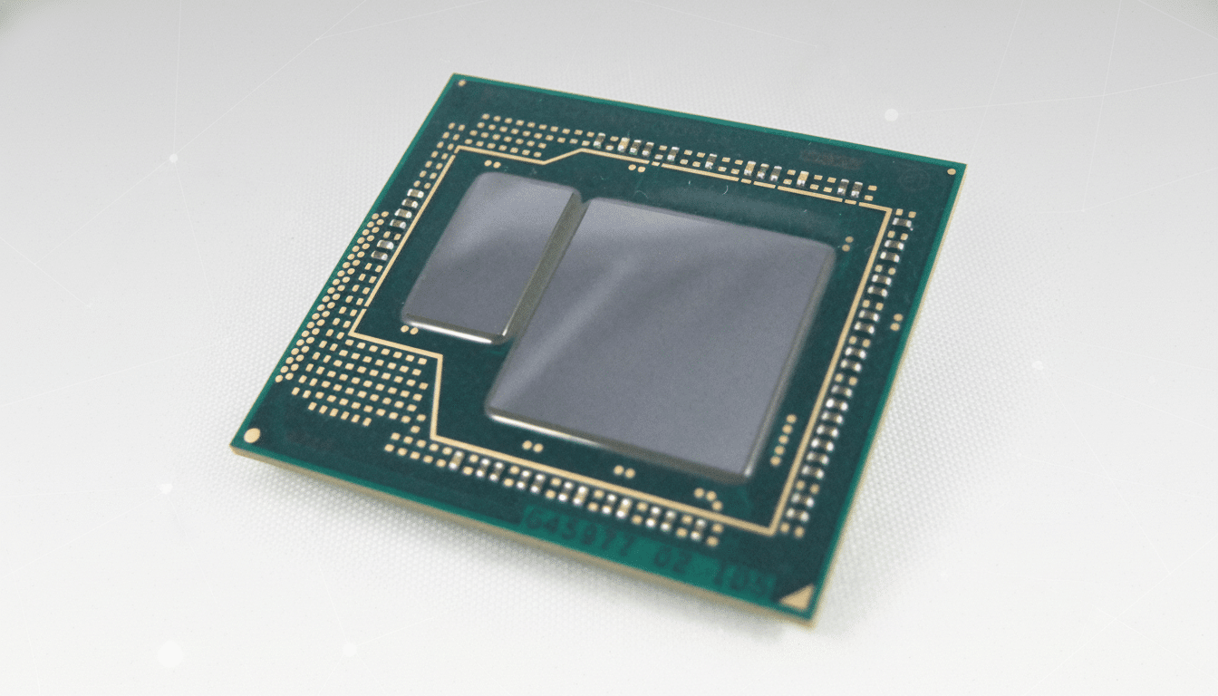 A professional 16:9 image of a green computer chip with two rectangular, reflective surfaces on a white background with subtle geometric patterns. Filename : computerchip professional 16 9.png