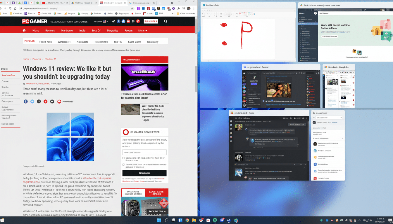 Screenshot of a computer desktop showing multiple open windows, including a PC Gamer article about Windows 11, a drawing application, Slack, and Disco
