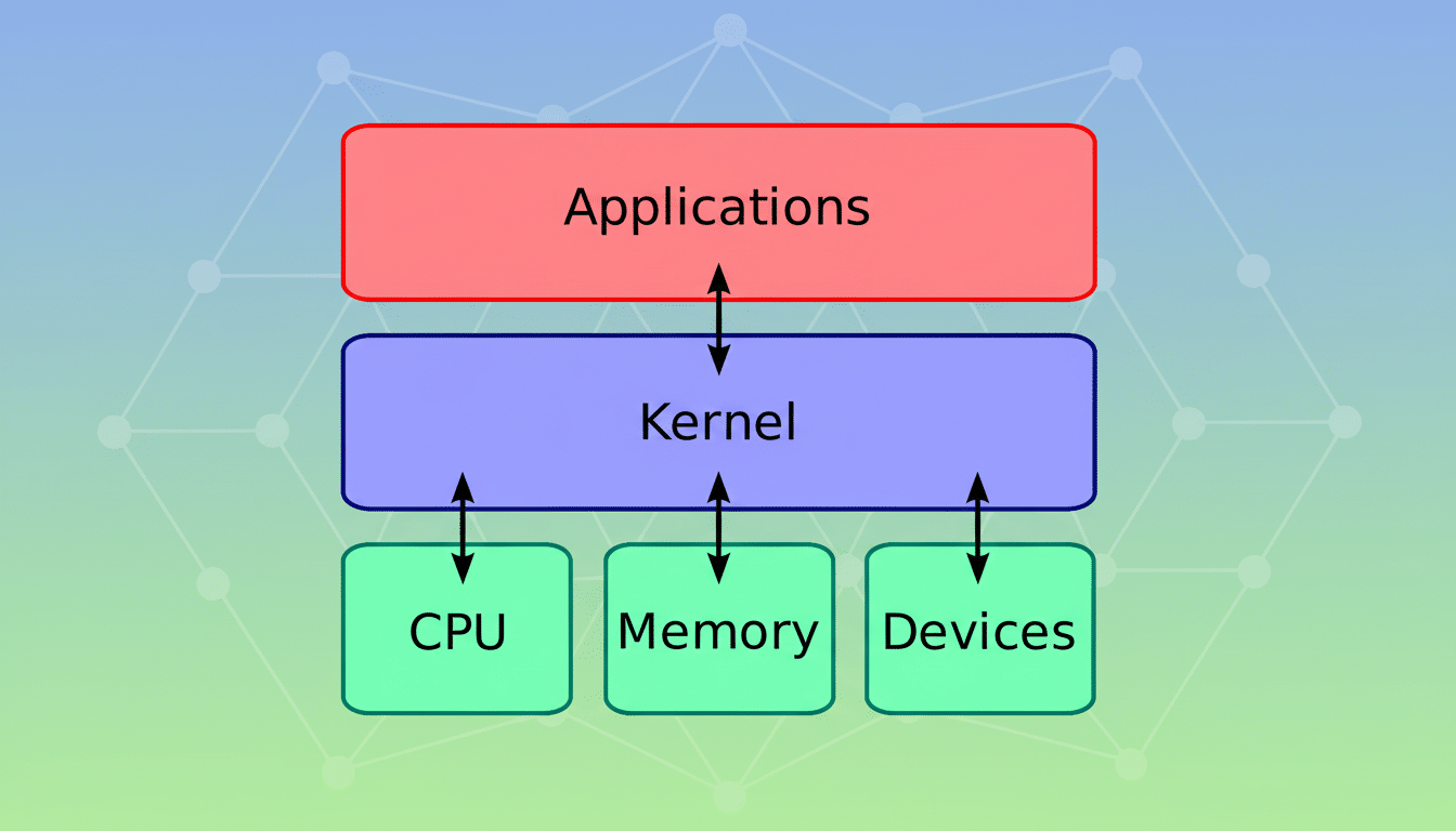 A diagram illustrating the relationship between applications, the kernel, CPU, memory, and devices.