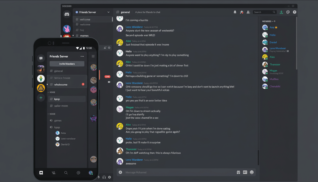 A professional 16:9 aspect ratio image of Discord' s desktop and mobile interfaces, displaying chat channels , user lists , and a conversation , all in dark mode. Filename : discordinterface dark mode. png
