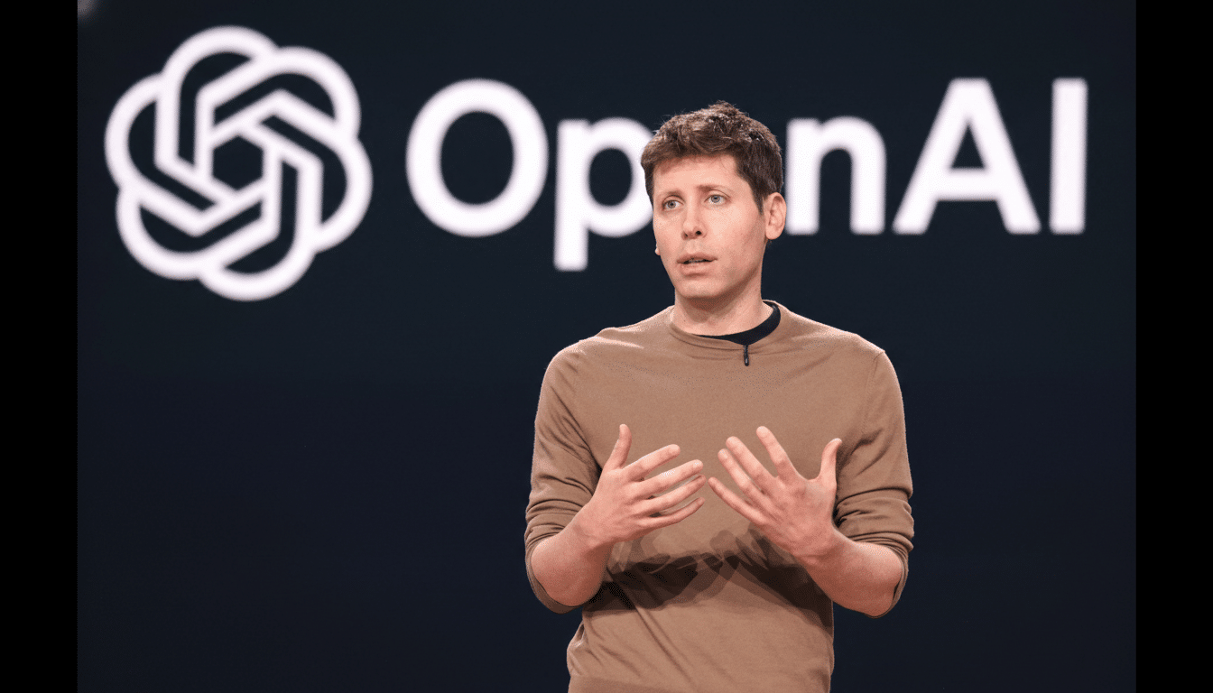 Sam Altman speaking on stage in front of the OpenAI logo.