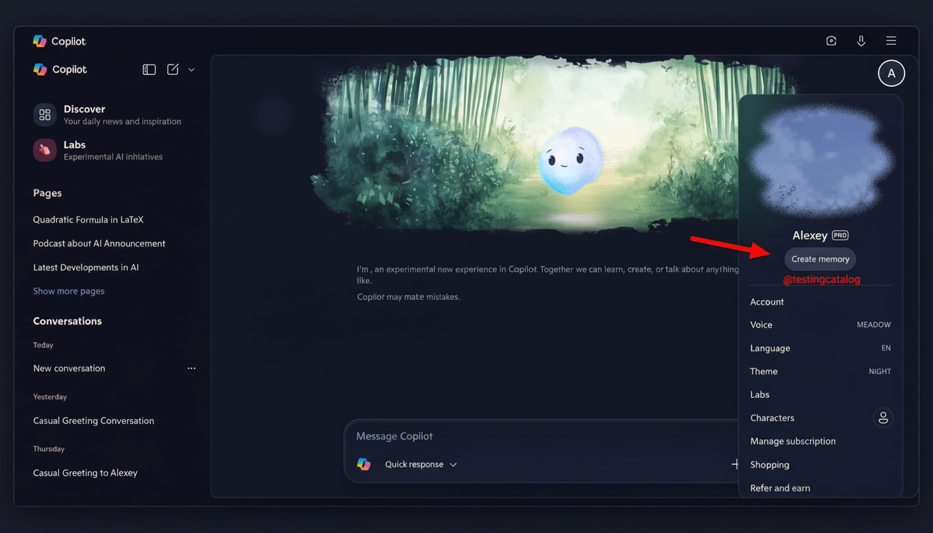 Screenshot of the Cop ilot interface with a dropdown menu open showing options like Create memory, Account, and Voice.