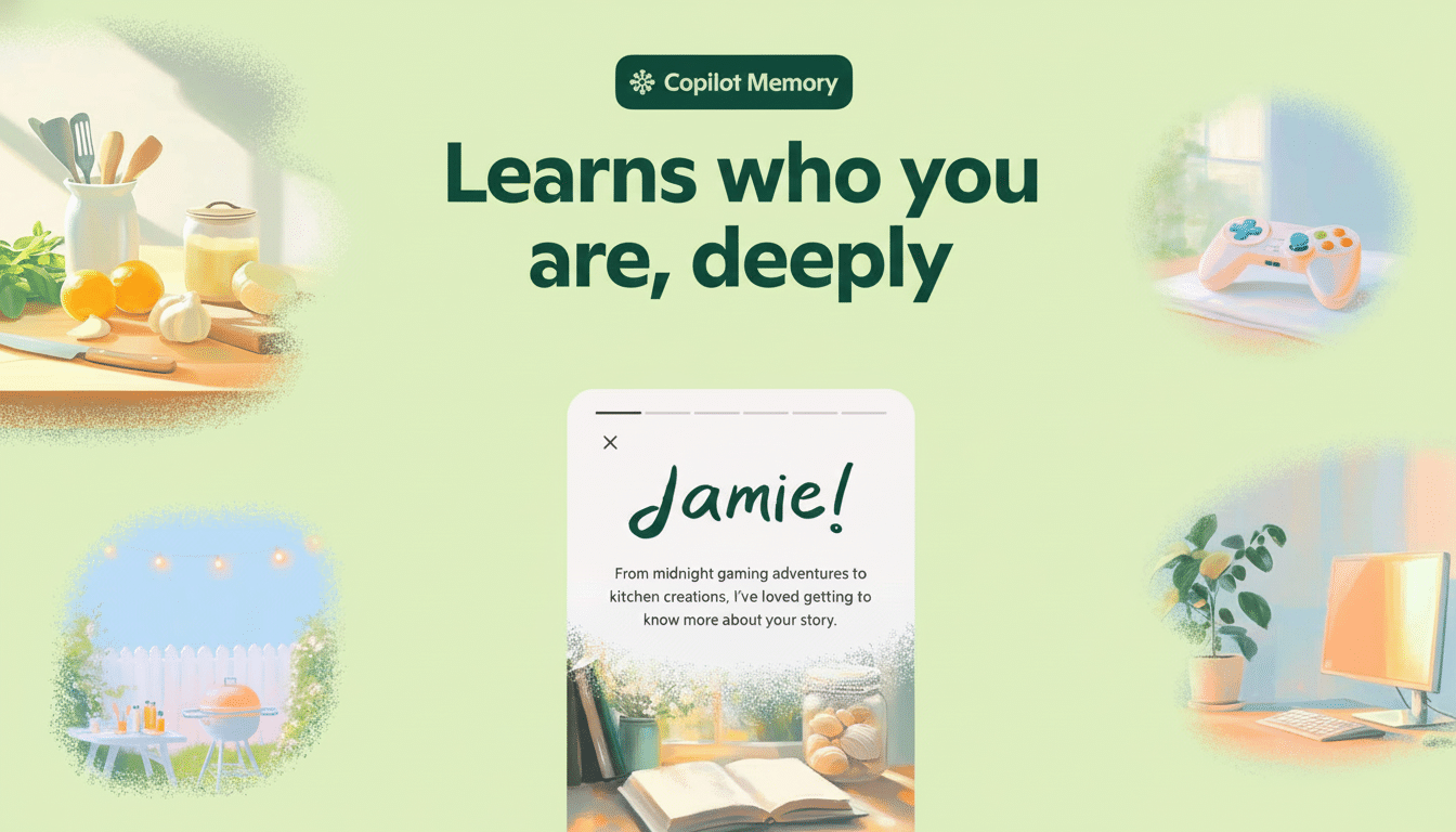 An image promoting Copilot Memory with the text Learns who you are, deeply. It features six smaller images: kitchen tools, a gaming controller, a back