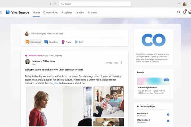 A professional screenshot of the Viva Engage application , featuring a homepage with a welcome announcement for a new Chief Executive Officer, Carole Poland, and a section for sharing thoughts or updates .