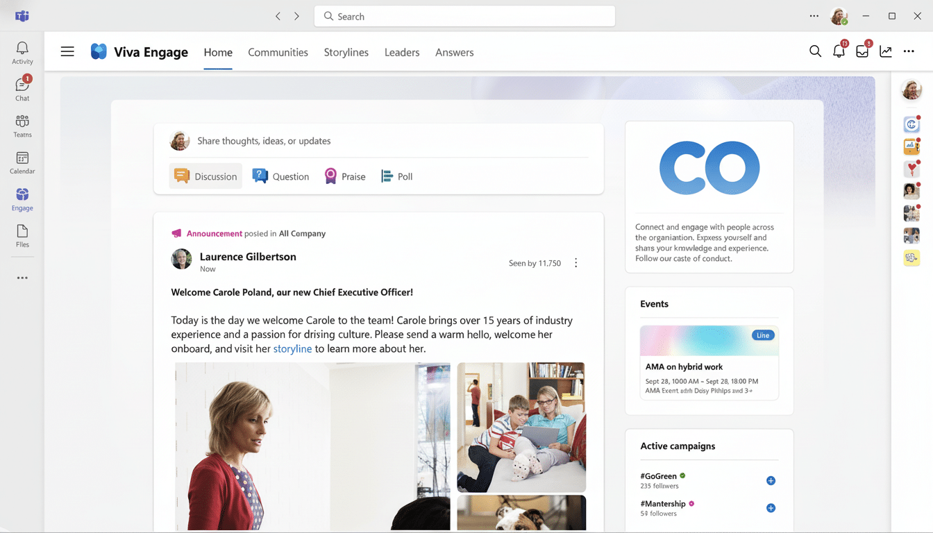 A professional screenshot of the Viva Engage application , featuring a homepage with a welcome announcement for a new Chief Executive Officer, Carole Poland, and a section for sharing thoughts or updates .
