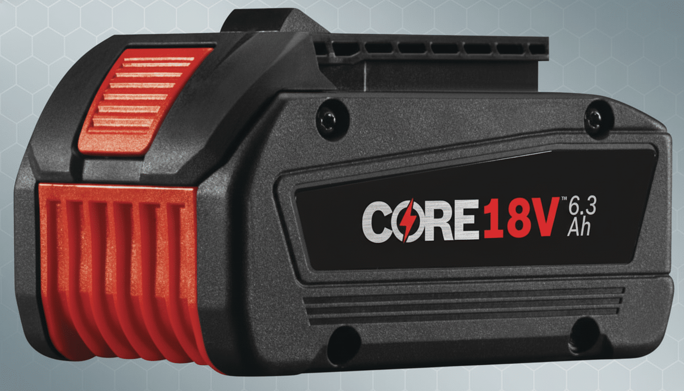 A professional image of a black and red CORE18 V 6. 3 Ah battery, resized to a 16:9 aspect ratio with a subtle patterned gradient background. Filename : core1 8vbattery professional .png