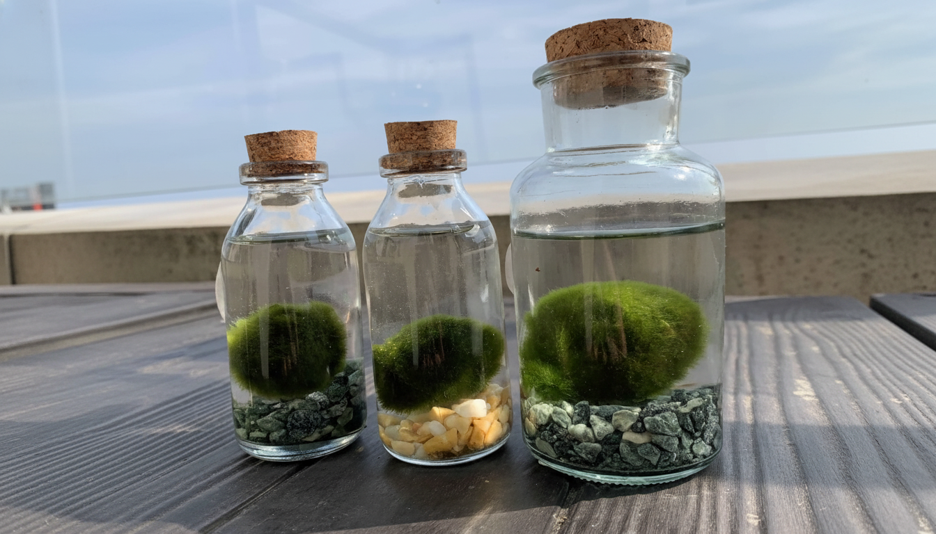 Three glass bottles with cork stoppers, containing marimo moss balls and small stones, are arranged on a wooden surface with a blurred outdoor background.