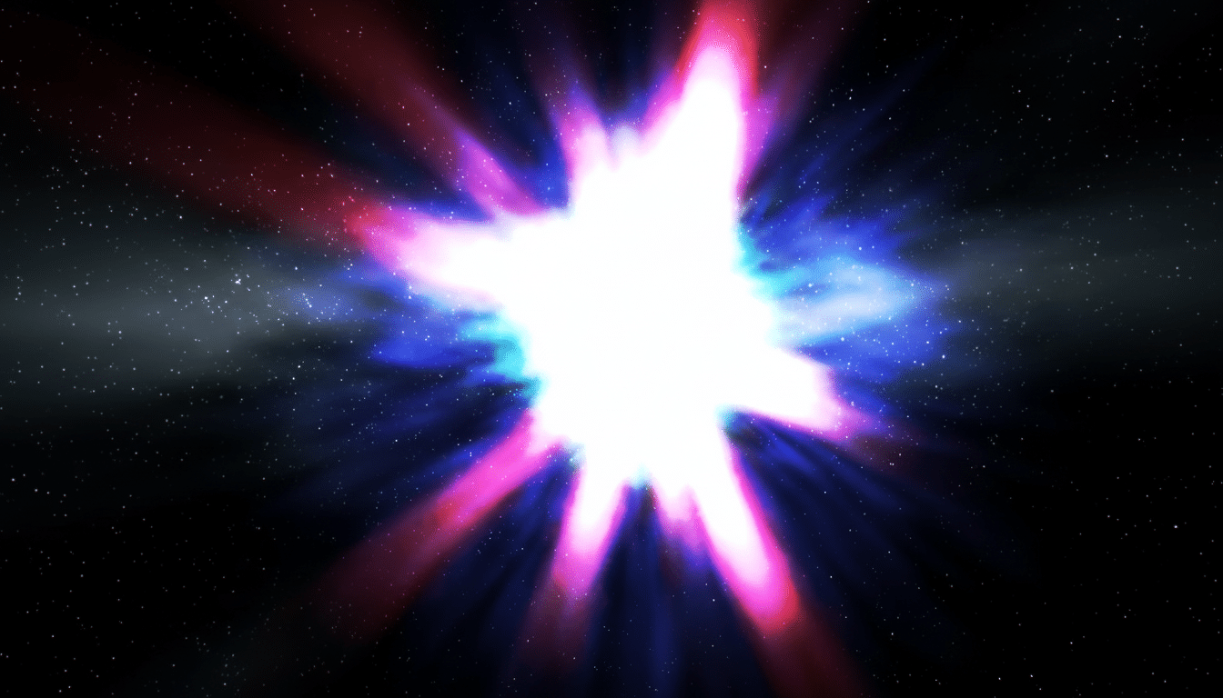 A bright , star -like explosion of light in space , with prominent pink , blue, and white hues radiating outwards against a dark, starry background.