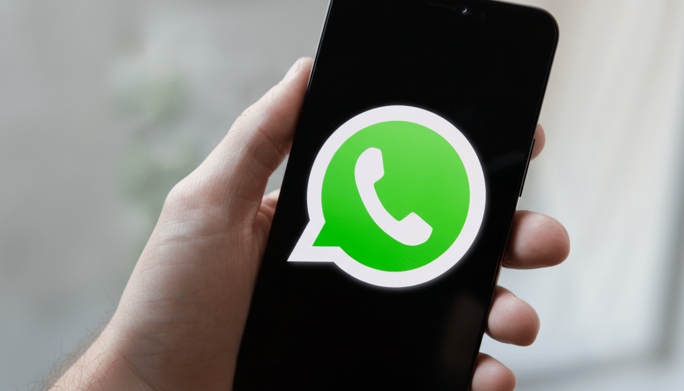 A hand holding a smartphone displaying the WhatsApp logo on a black screen , resized to a 16:9 aspect ratio.