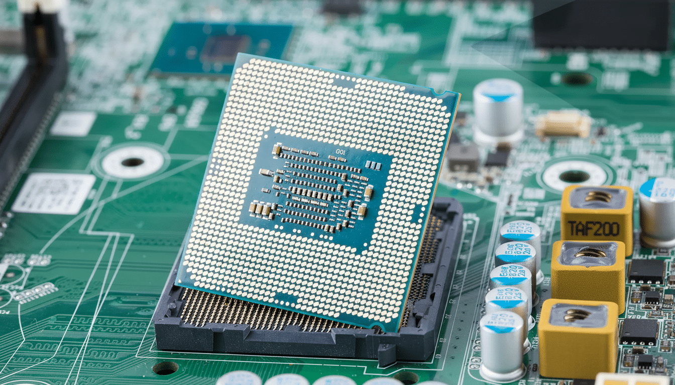 A CPU chip on a motherboard , resized to a 1 6:9 aspect ratio with a subtly enhanced background for professional presentation.