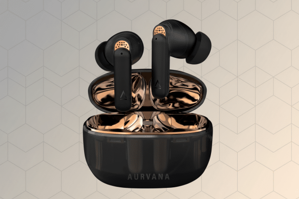 A pair of black and rose gold wireless earbuds sitting in an open charging case, presented on a subtle , professional grey and beige gradient background with a faint geometric pattern.