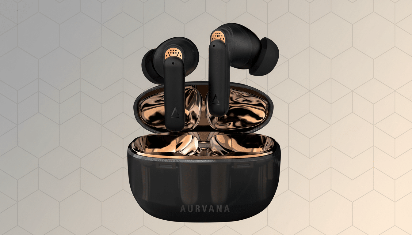 A pair of black and rose gold wireless earbuds sitting in an open charging case, presented on a subtle , professional grey and beige gradient background with a faint geometric pattern.