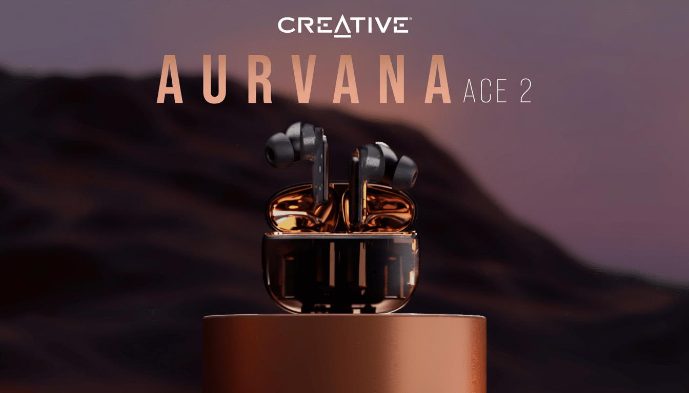 A professional product shot of Creative Aurvana Ace 2 earbuds in their charging case, presented on a copper - colored cylindrical stand against a minimalist, softly gradient background .