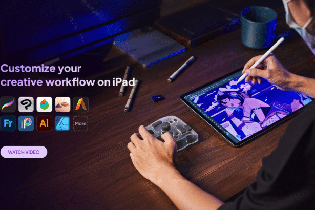 A person wearing a mask uses an Apple Pencil on an iPad to draw , with a separate controller device in their other hand. The iPad screen shows a colorful digital illustration . To the left, text reads Customize your creative workflow on iPad above icons for various creative apps and a WATCH VIDEO button. The scene is set on a dark wooden desk under purple lighting. Filename : creativeworkflow ipad1 6x 9.png