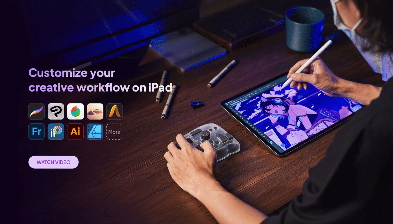 A person wearing a mask uses an Apple Pencil on an iPad to draw , with a separate controller device in their other hand. The iPad screen shows a colorful digital illustration . To the left, text reads Customize your creative workflow on iPad above icons for various creative apps and a WATCH VIDEO button. The scene is set on a dark wooden desk under purple lighting. Filename : creativeworkflow ipad1 6x 9.png