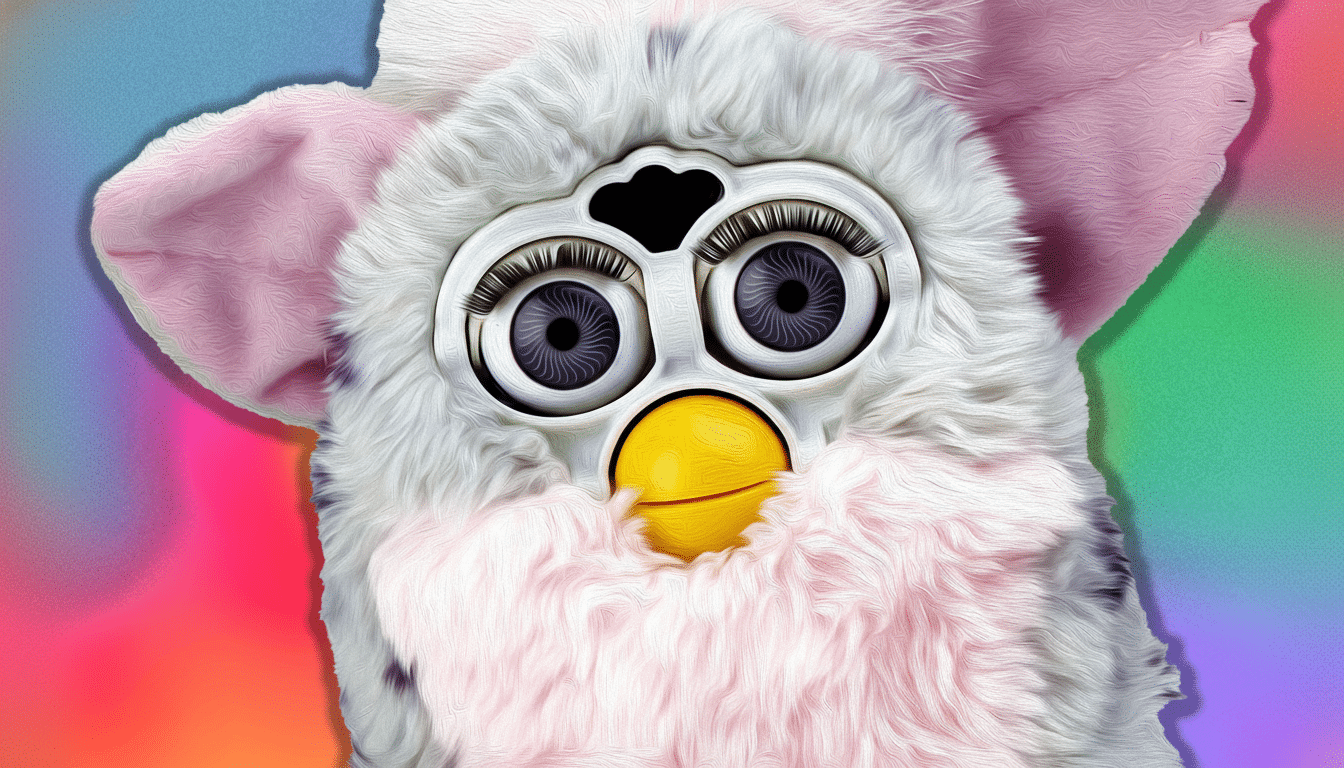A close-up of a white and pink Furby toy with large eyes and a yellow beak - like mouth, set against a colorful, textured background.