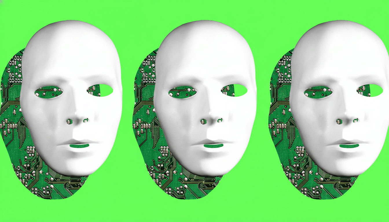 Three white masks , each with a circuit board pattern behind it, against a vibrant green background .