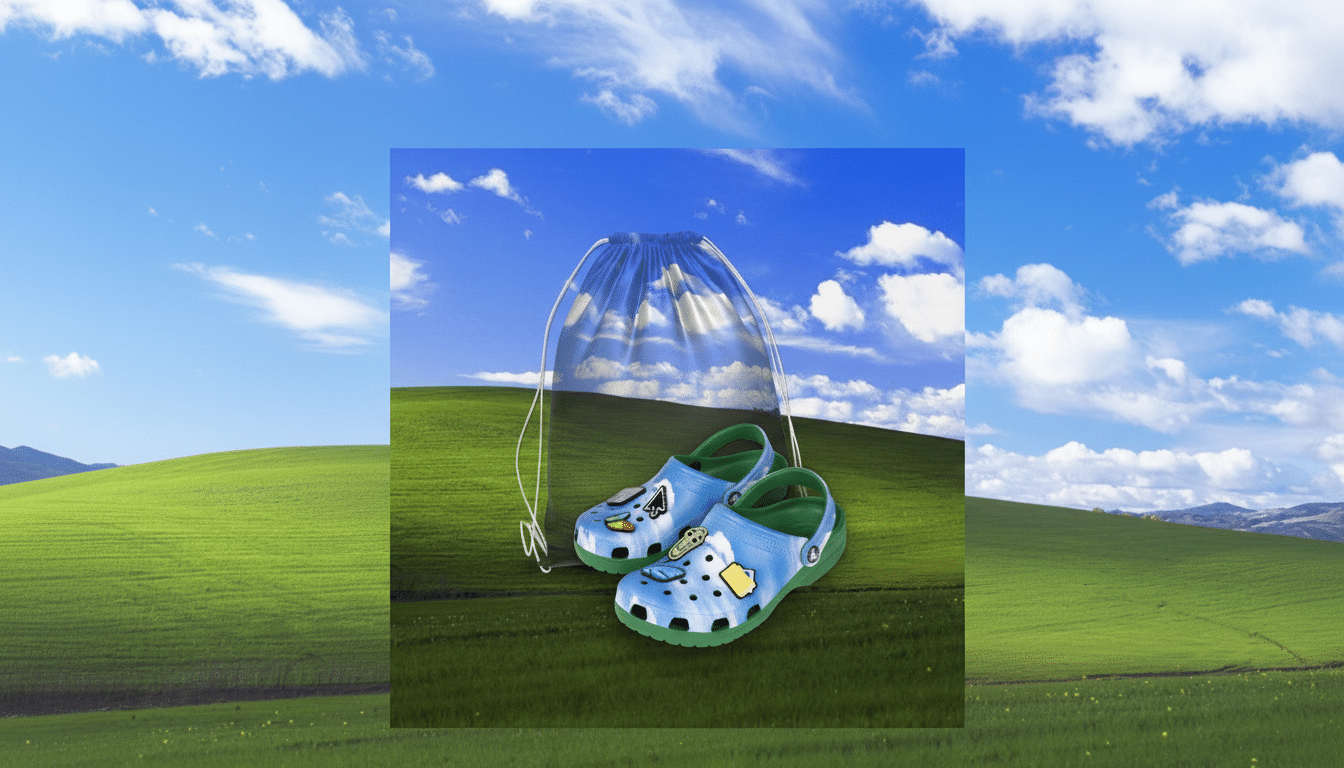 Blue Crocs with various charms and a drawstring bag, set against a background of a green hillside under a blue sky with white clouds .