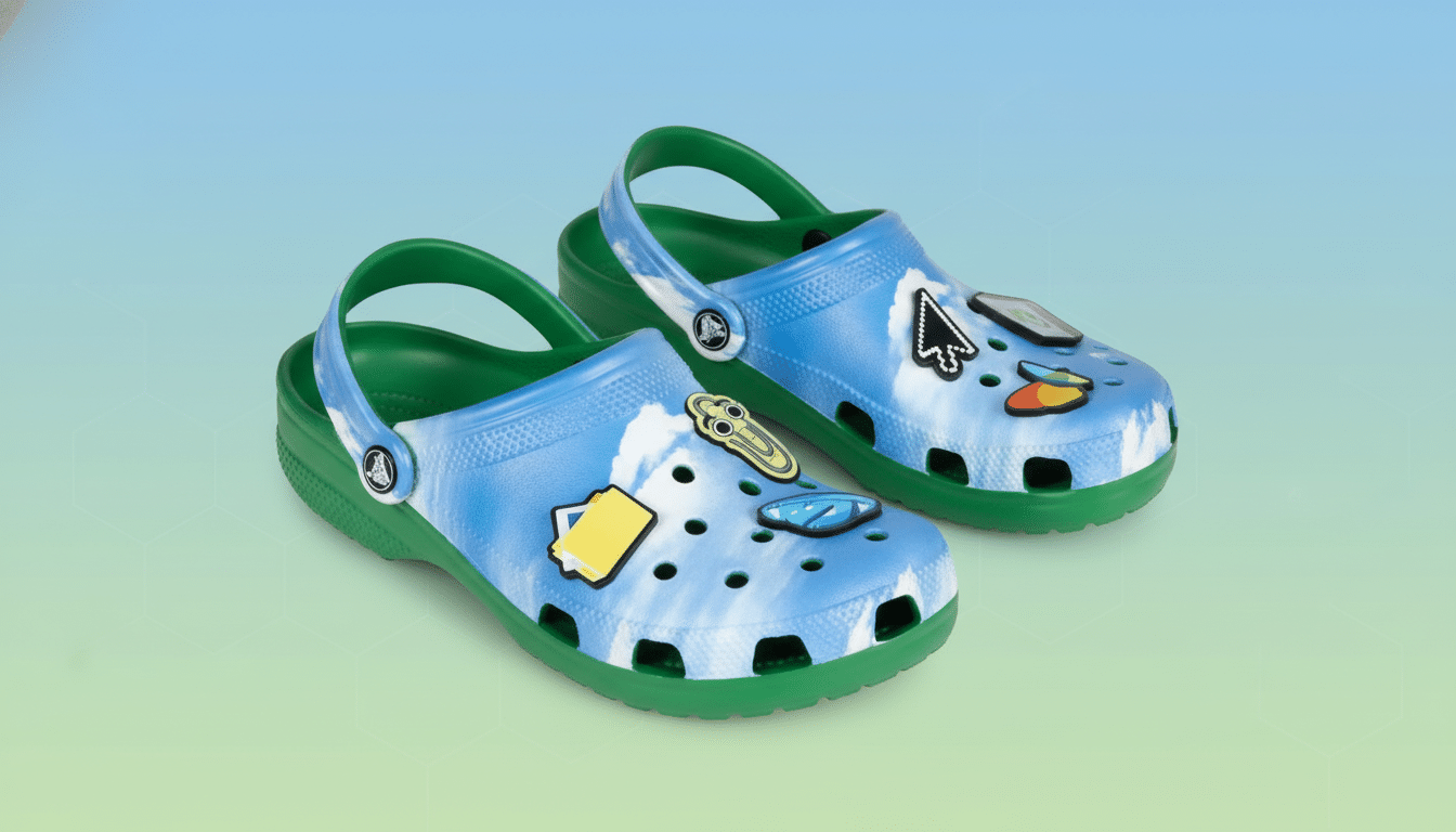 A pair of blue and green Crocs with various digital-themed charms , presented on a subtle gradient background with geometric patterns. Filename : crocs digitalchar ms.png