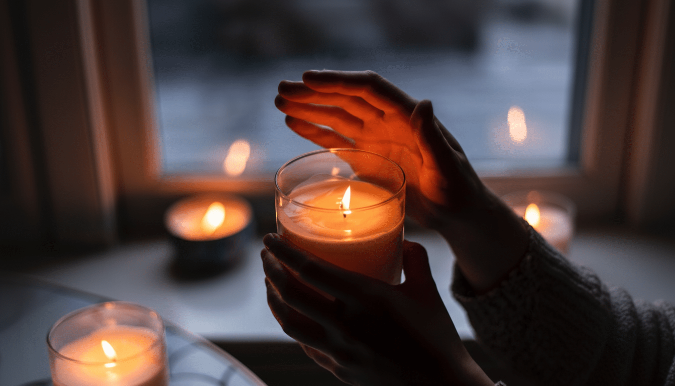 Hands cu pping a lit candle in a glass holder , with other blurred candles and a window in the background. Filename : cu ppedcandle windowscene .png