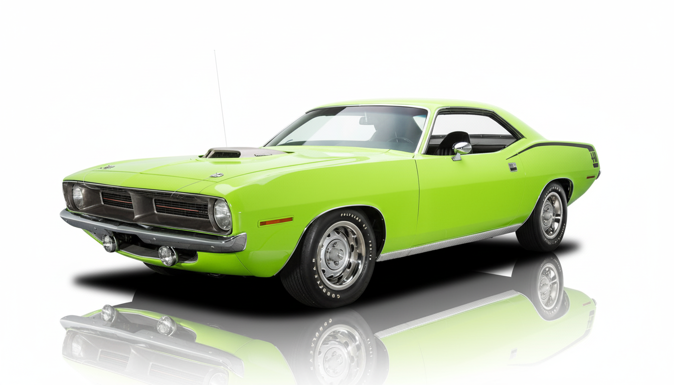 A vibrant lime green vintage muscle car, a Plymouth Barracuda, is presented at a 16:9 aspect ratio on a clean white background with a subtle reflection beneath it.