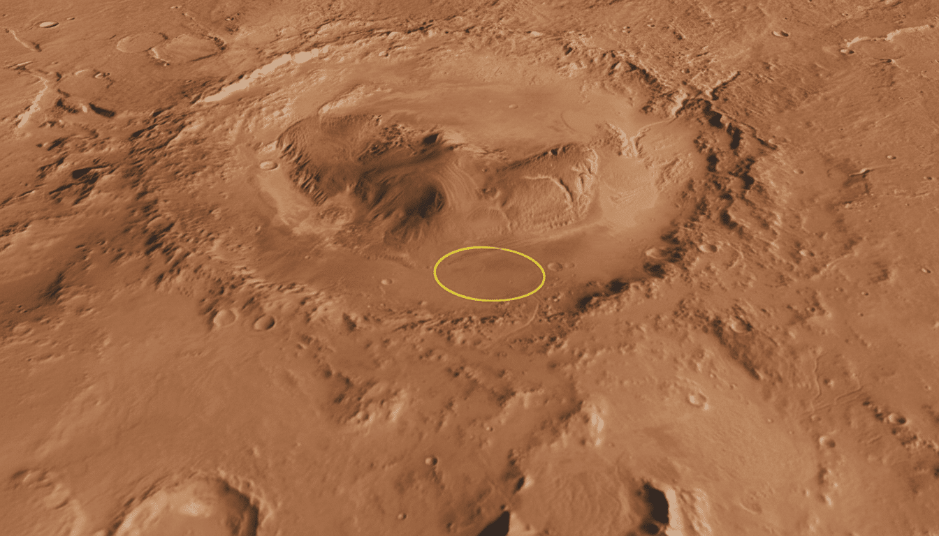 A 16:9 aspect ratio image of an aerial view of a large crater on Mars with a yellow oval highlighting a specific area within it .