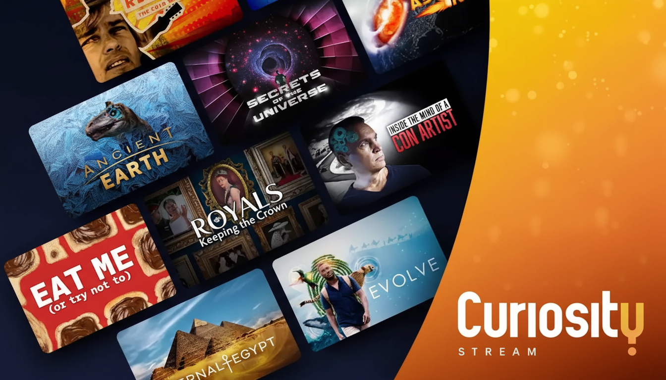 A promotional image for Curiosity Stream, featuring various documentary titles like Ancient Earth, Secrets of the Universe, Royals: Keeping the Crown, and Inside the Mind of a Con Artist, displayed on a dark background with an orange gradient on the right side that includes the Curiosity Stream logo.