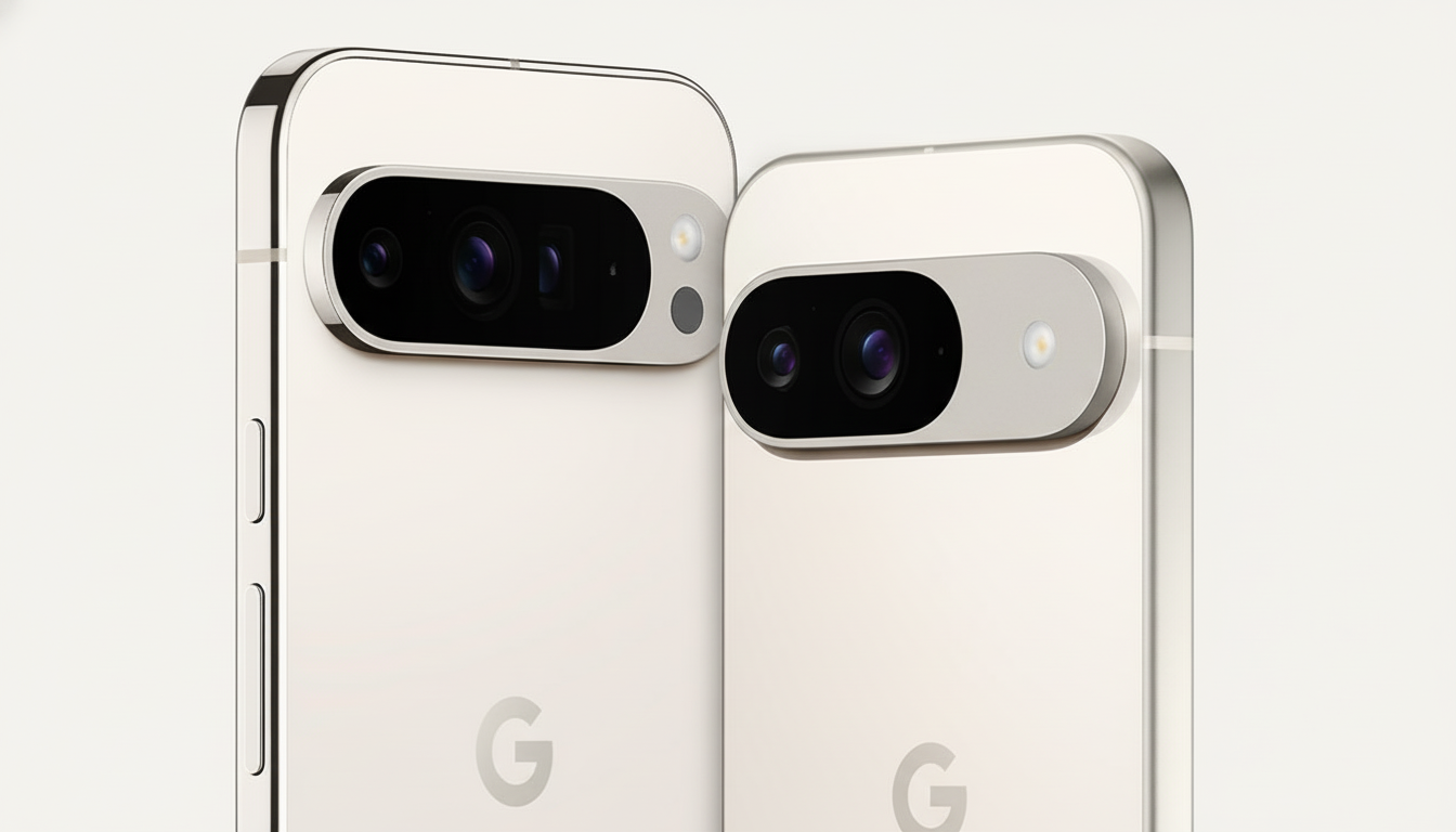 Two Google Pixel phones, possibly Pixel 7 and Pixel 7 Pro, showing their rear camera bars and G logos , on a light background .