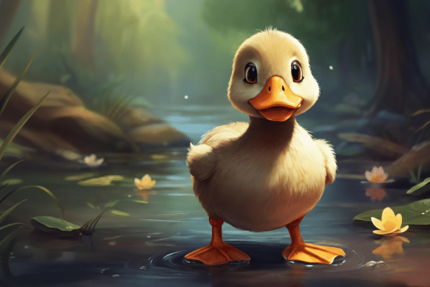 A cute , fluffy duckling stands in shallow water with lily pads and small yellow flowers, against a soft - focus background of trees and foliage . The image is rendered in a whimsical, illustrative style. Filename : cuteduck lingpond .png