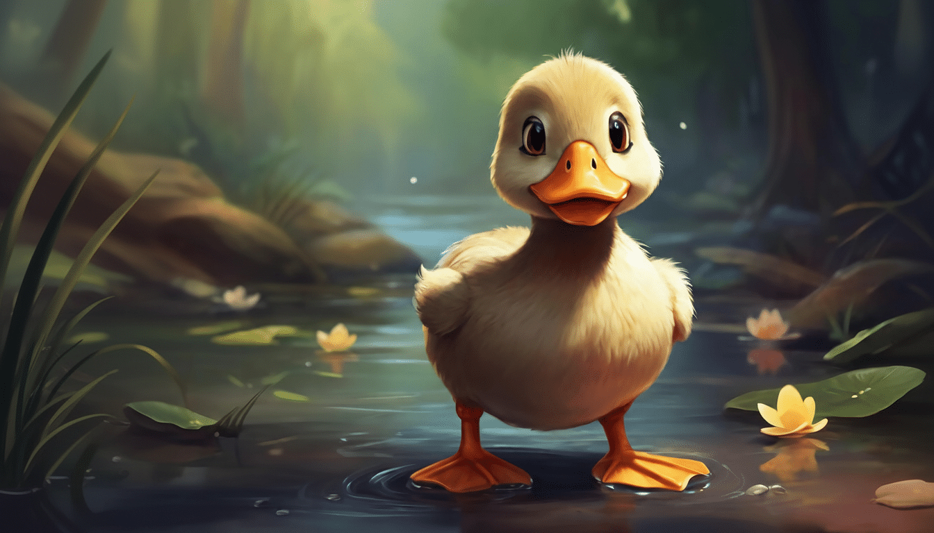 A cute , fluffy duckling stands in shallow water with lily pads and small yellow flowers, against a soft - focus background of trees and foliage . The image is rendered in a whimsical, illustrative style. Filename : cuteduck lingpond .png