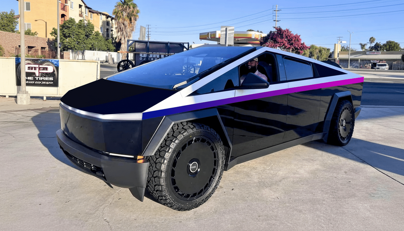A black Cy bertruck with purple and white stripes parked on a sunny street, a person visible in the driver s seat.