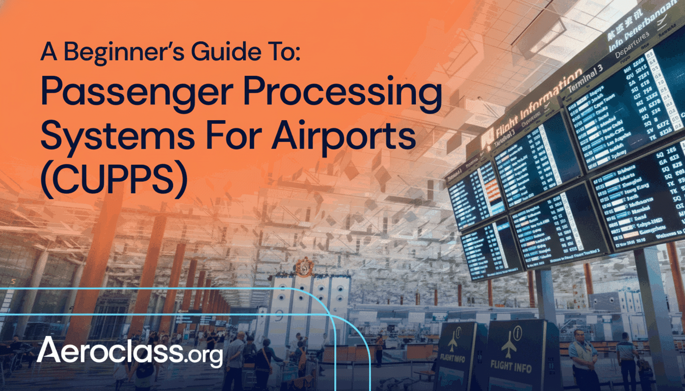 An airport terminal with flight information displays and text overlay A Beginner's Guide To: Passenger Processing Systems For Airports (C UPPS)