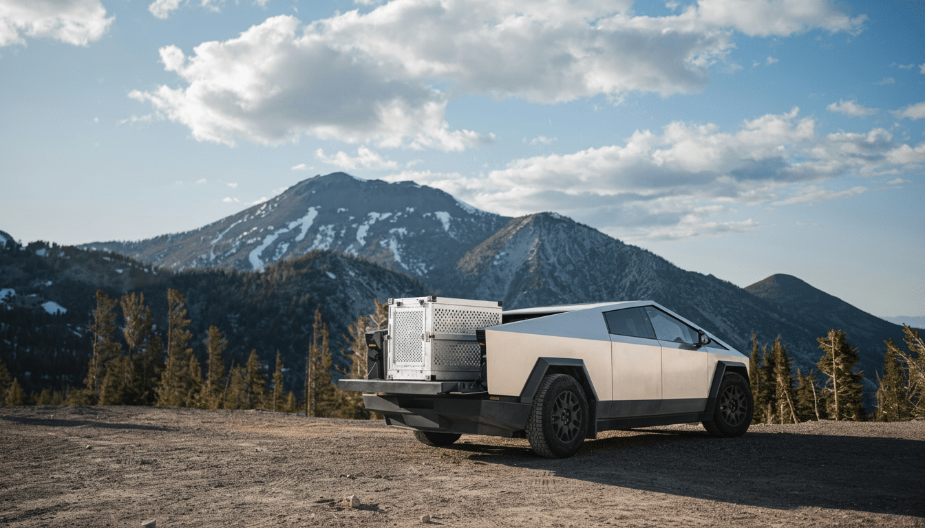 A Tesla Cybertruck with a metal container in its bed, parked on a dirt road with mountains and pine trees in the background under a partly cloudy sky.