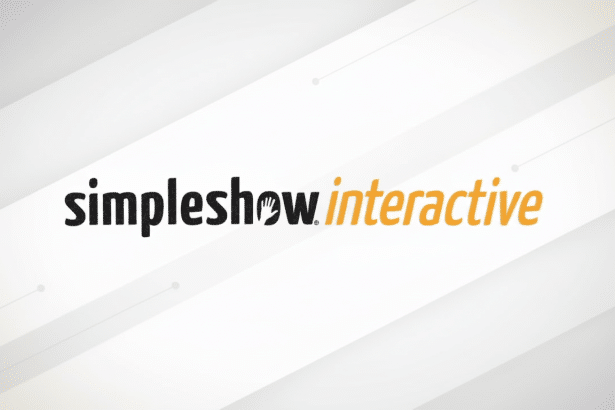 The simples how interactive logo on a professional flat design background with soft gray diagonal patterns and subtle gradient.