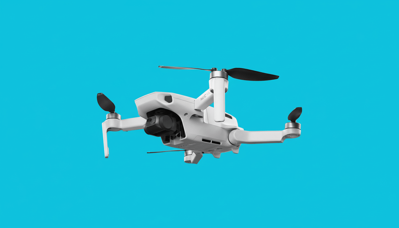 A white DJI Mavic Mini drone with propellers extended , floating against a solid blue background .